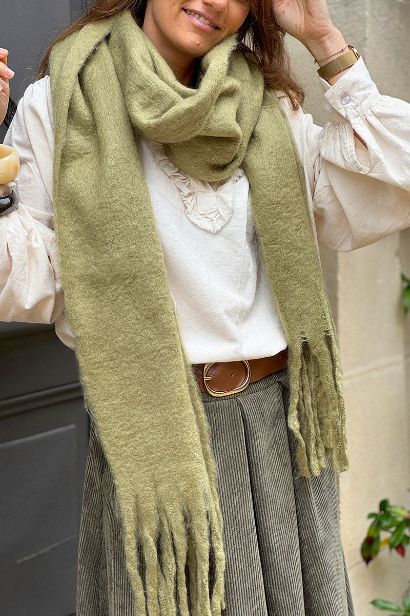 Light Olive Faux Cashmere Tassel Scarf