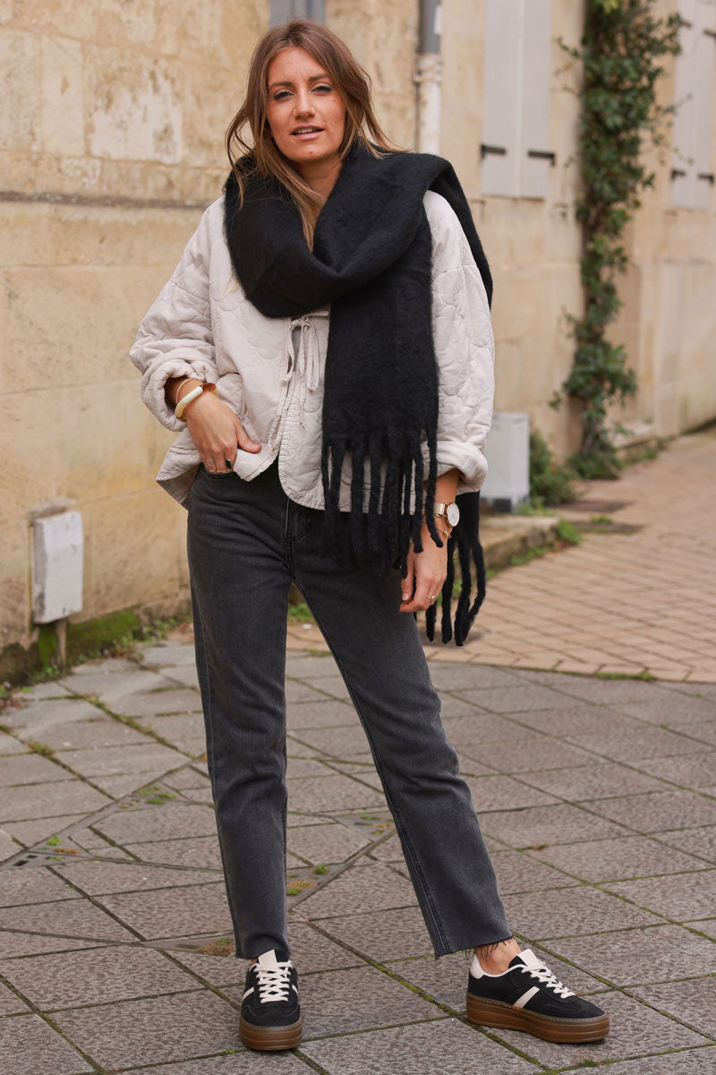 Black Faux Cashmere Tassel Scarf