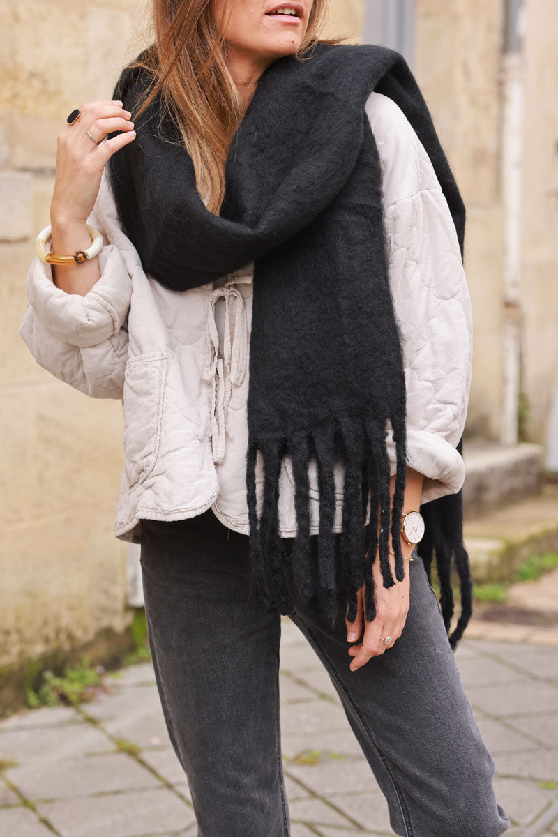 Black Faux Cashmere Tassel Scarf