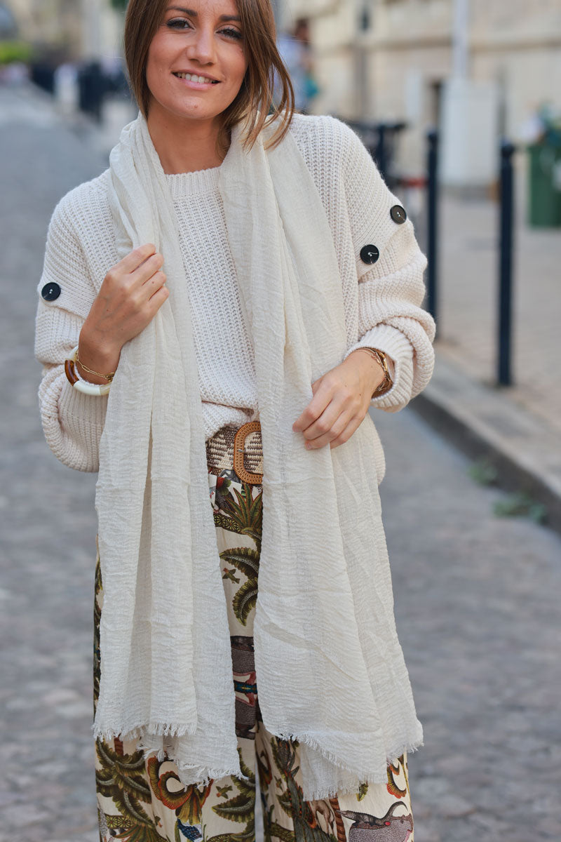 Beige soft fine scarf with small fringe details