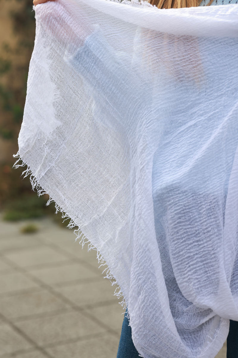 White soft fine scarf with small fringe details