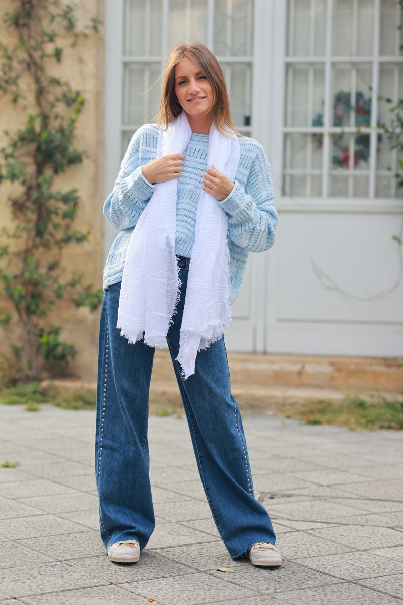 White soft fine scarf with small fringe details