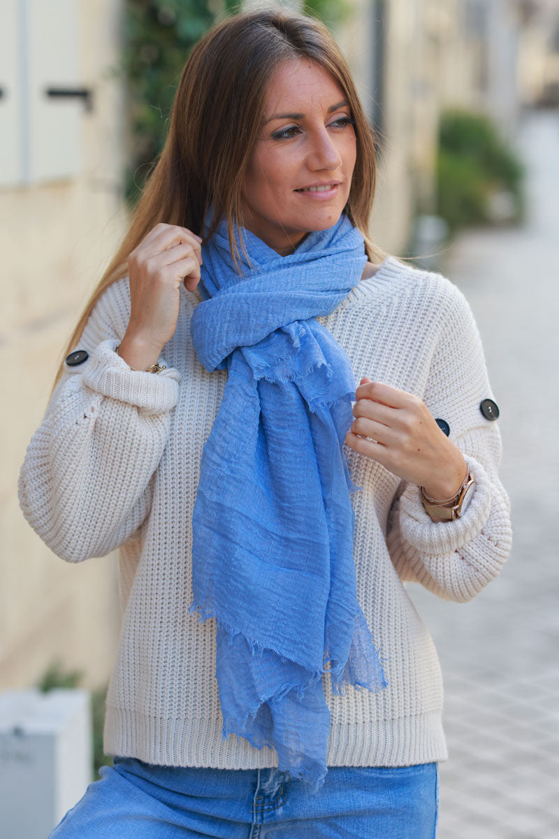 Blue soft fine scarf with small fringe details