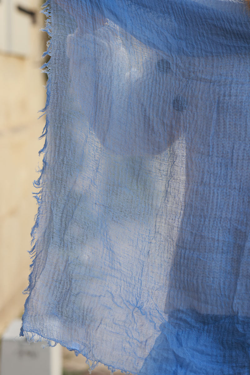 Blue soft fine scarf with small fringe details