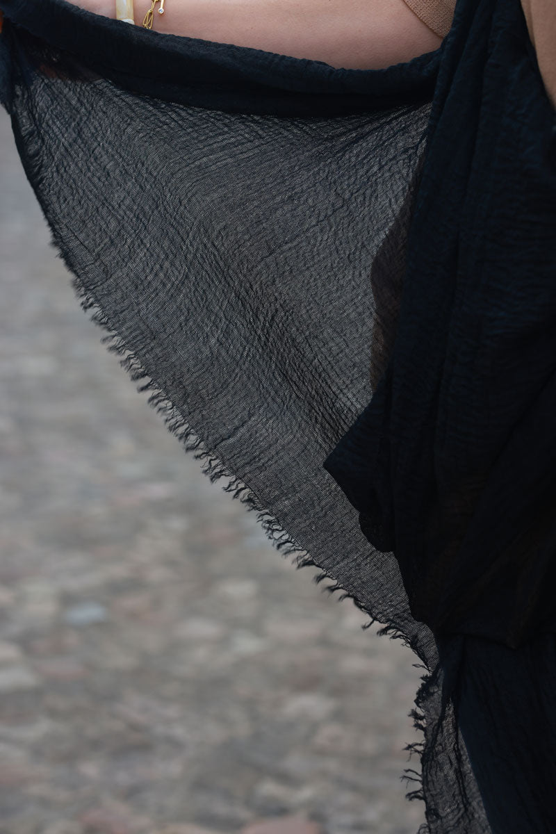 Black soft fine scarf with small fringe details