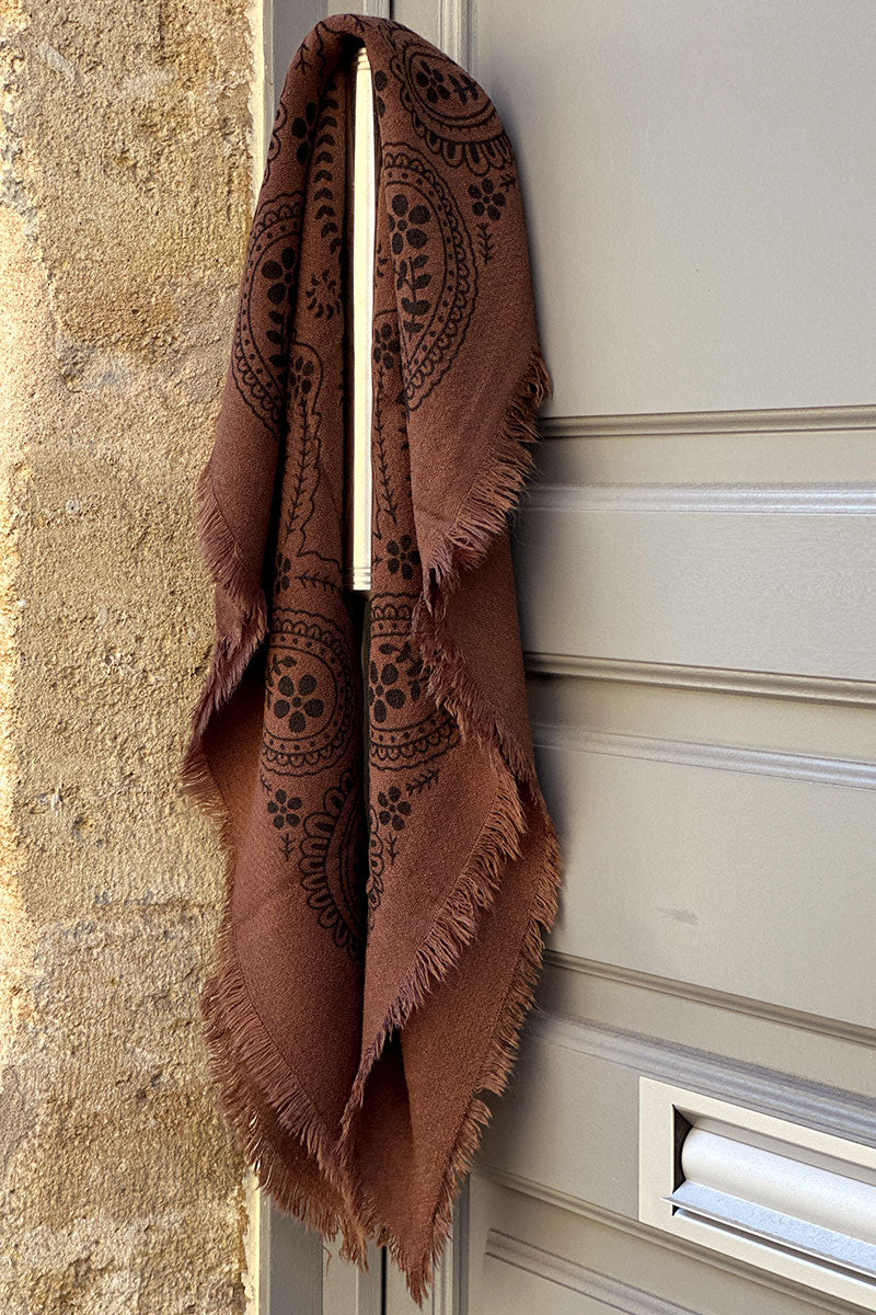Chocolate Brown Paisley Fringe Scarf