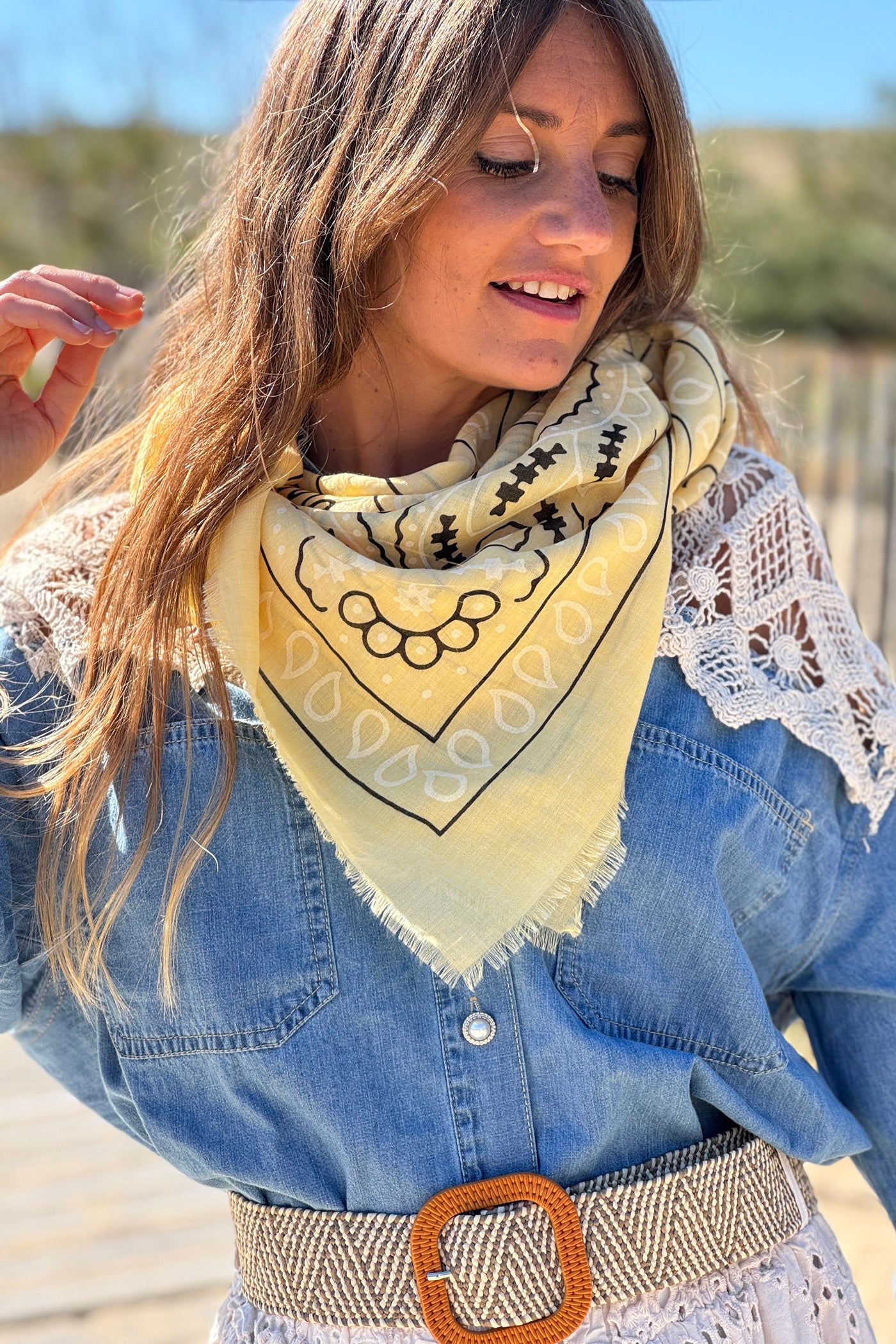 Écharpe foulard jaune imprimé Bandana tout doux