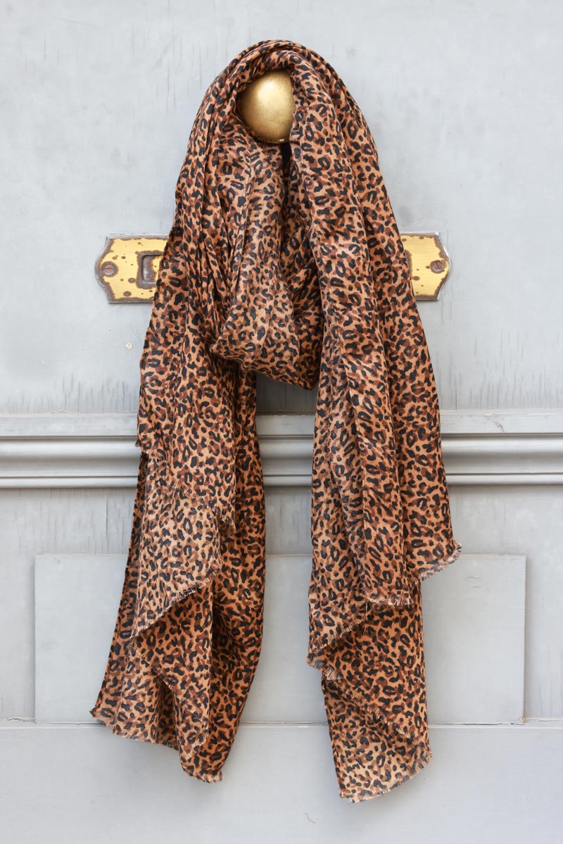 Leopard print silky scarf in camel