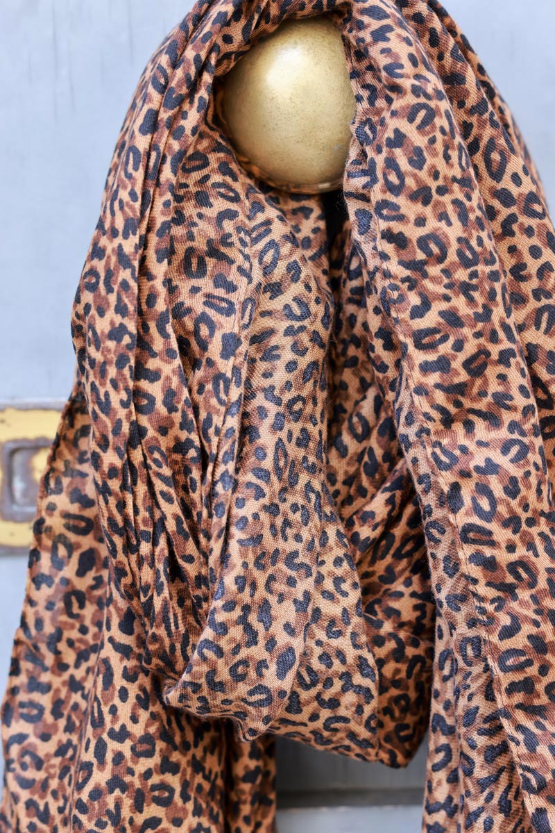 Leopard print silky scarf in camel