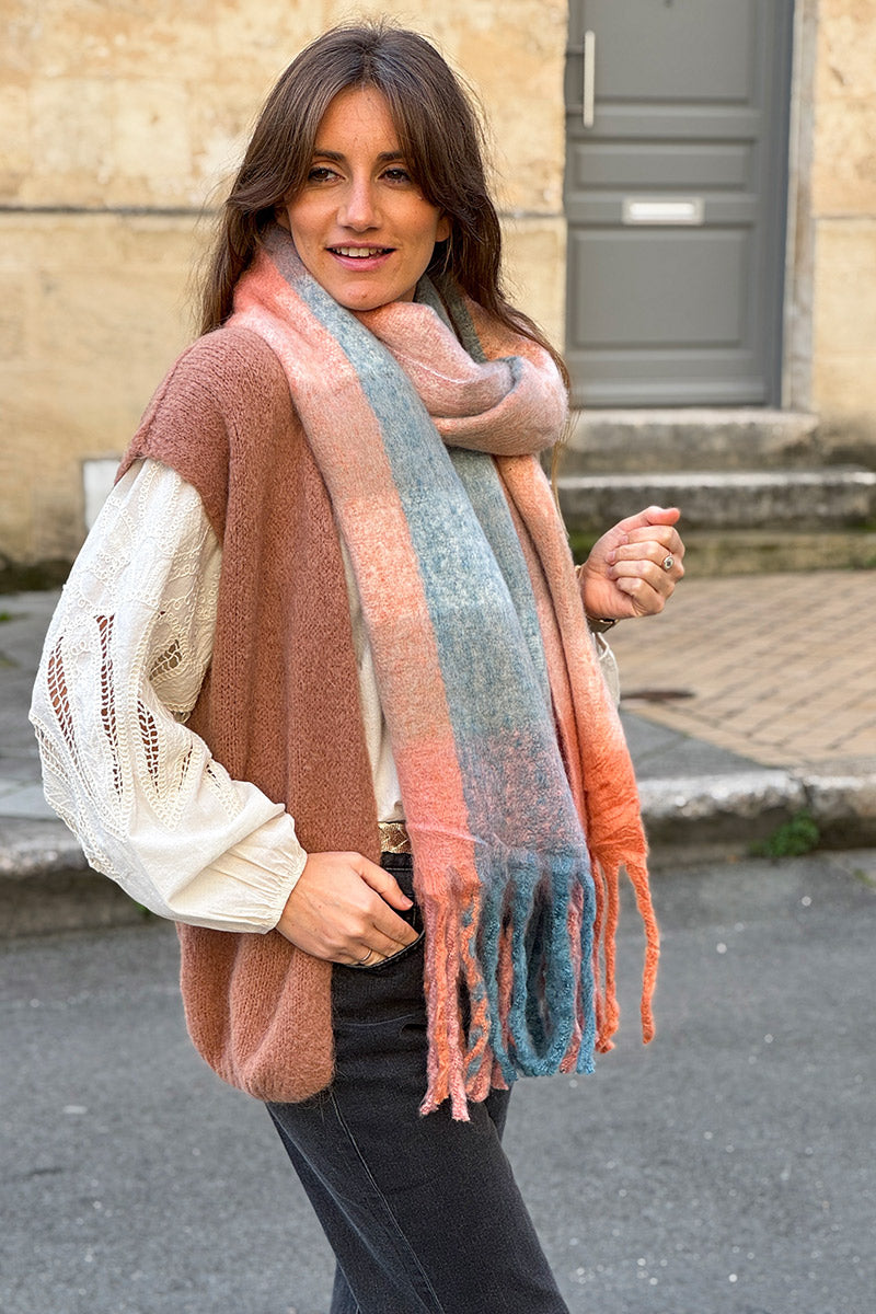 Peach Colorblock Fringe Scarf