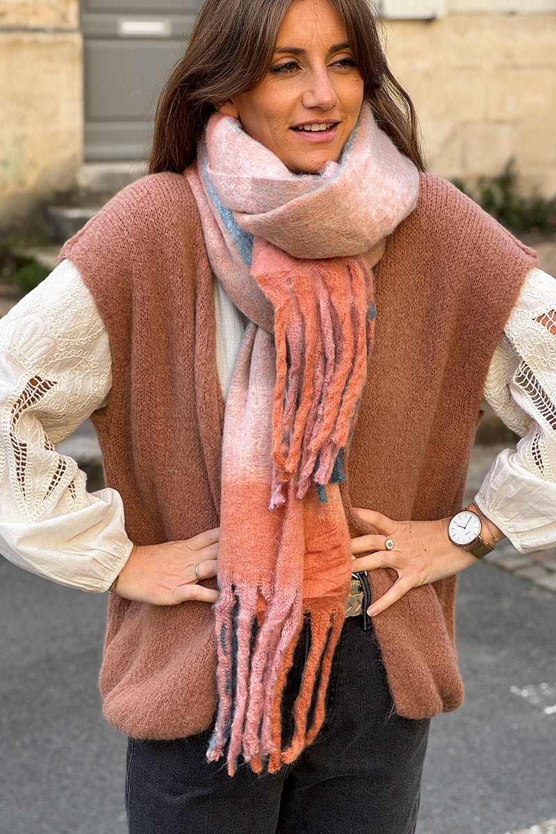 Peach Colorblock Fringe Scarf