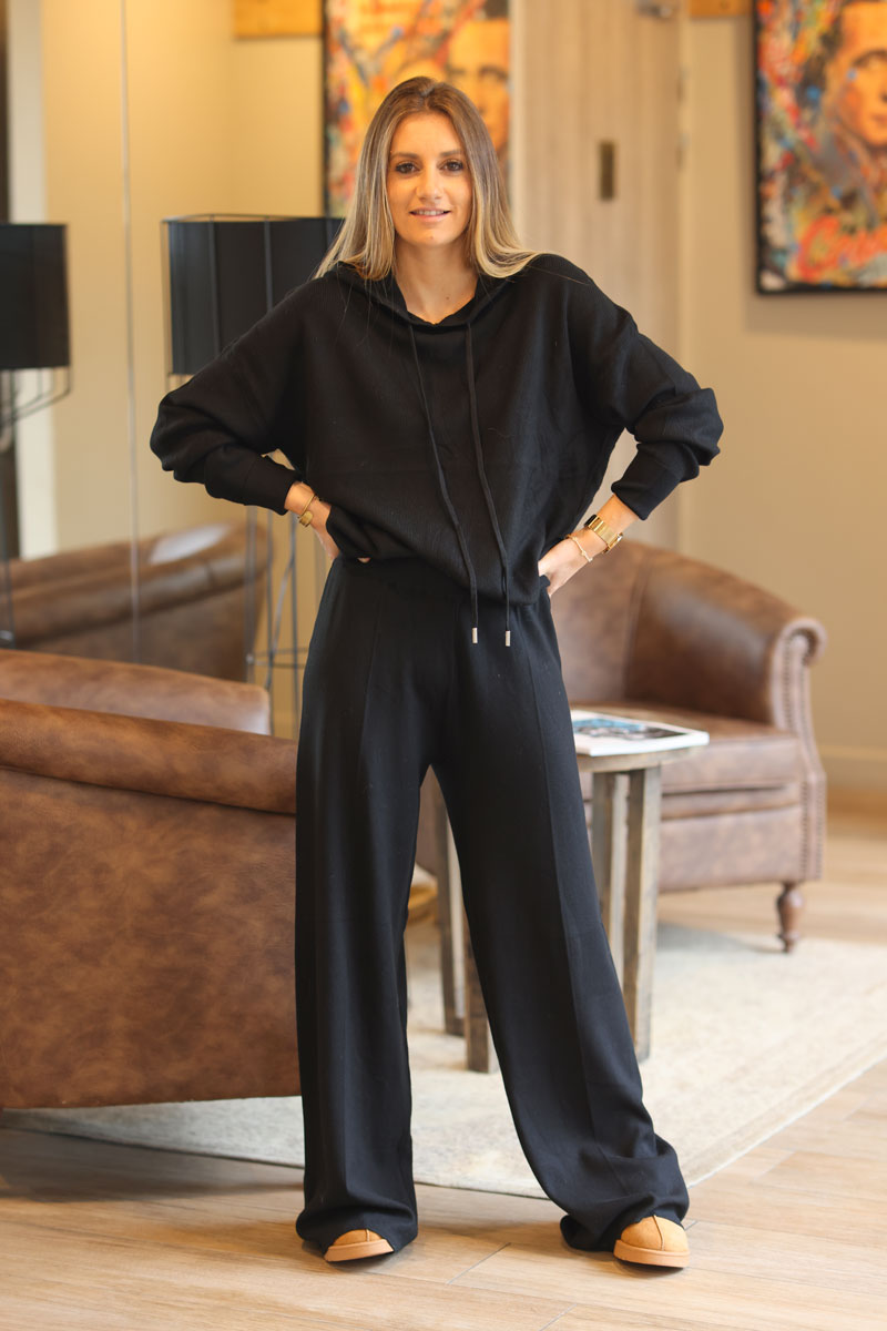 Comfort lounge set in black hooded top and wide leg trousers