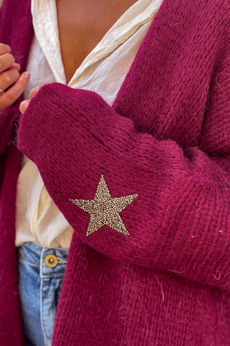 Gilet aubergine mi long grosses mailles étoile strass manches