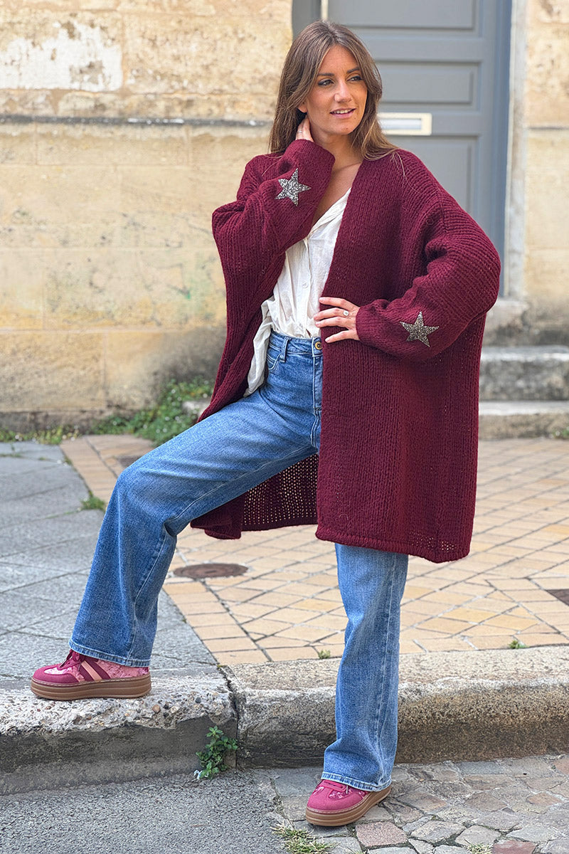 Gilet aubergine mi long grosses mailles étoile strass manches