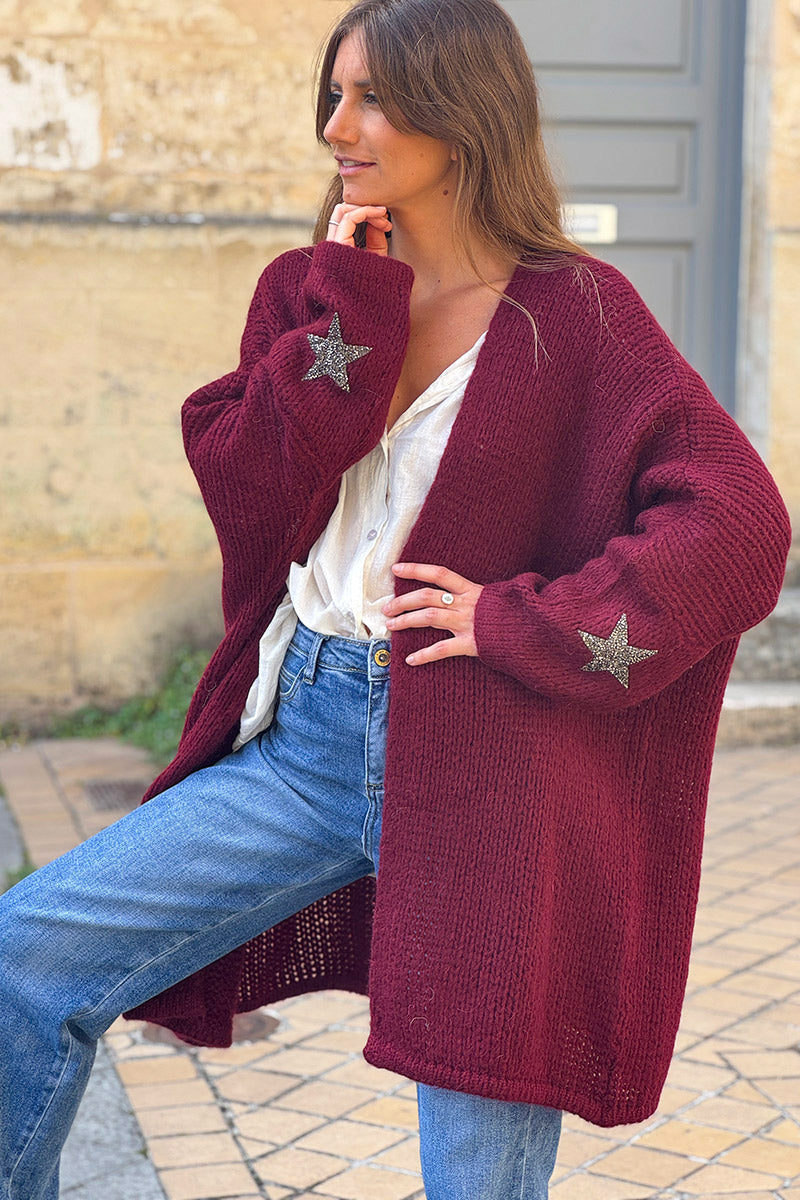 Gilet aubergine mi long grosses mailles étoile strass manches