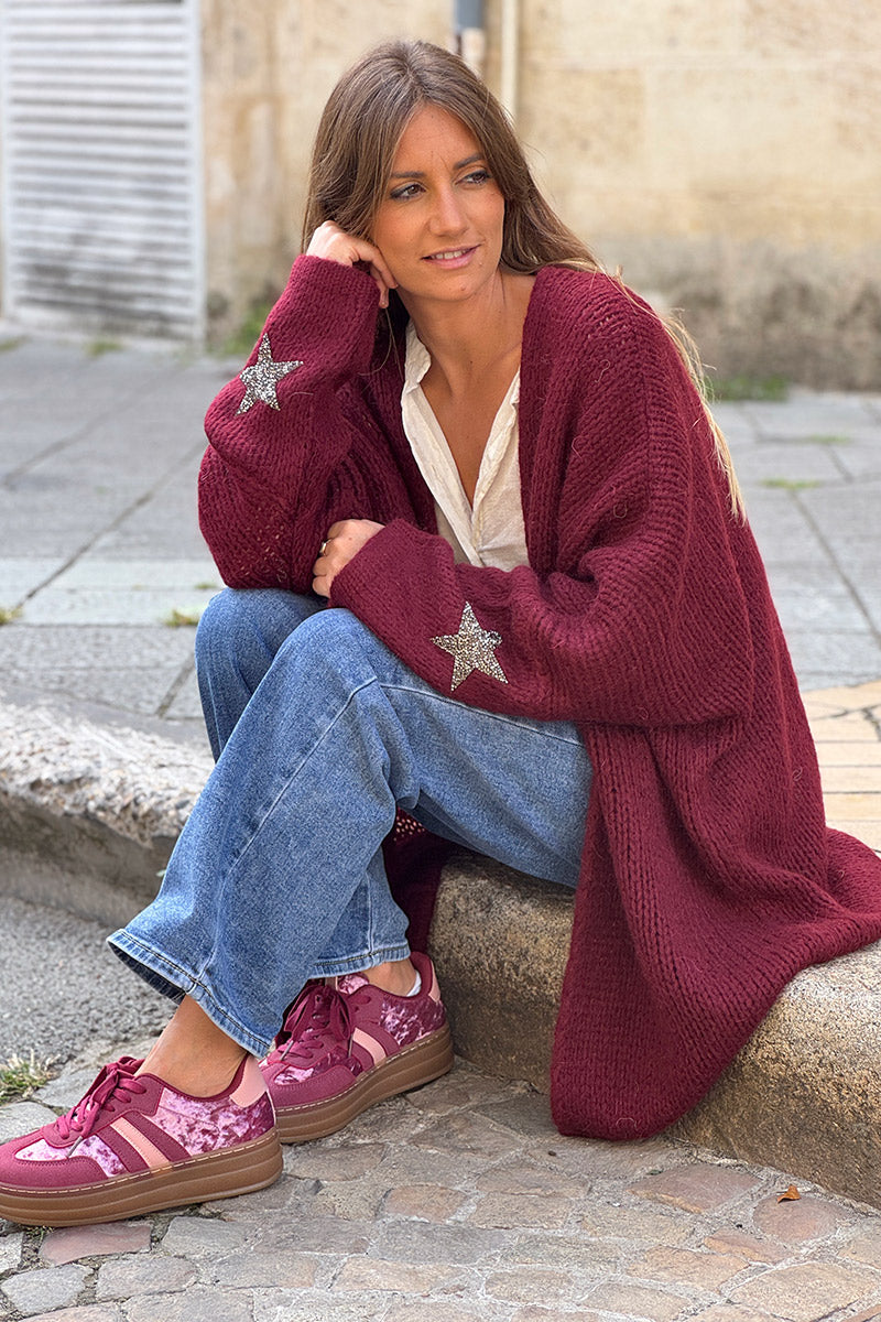 Gilet aubergine mi long grosses mailles étoile strass manches