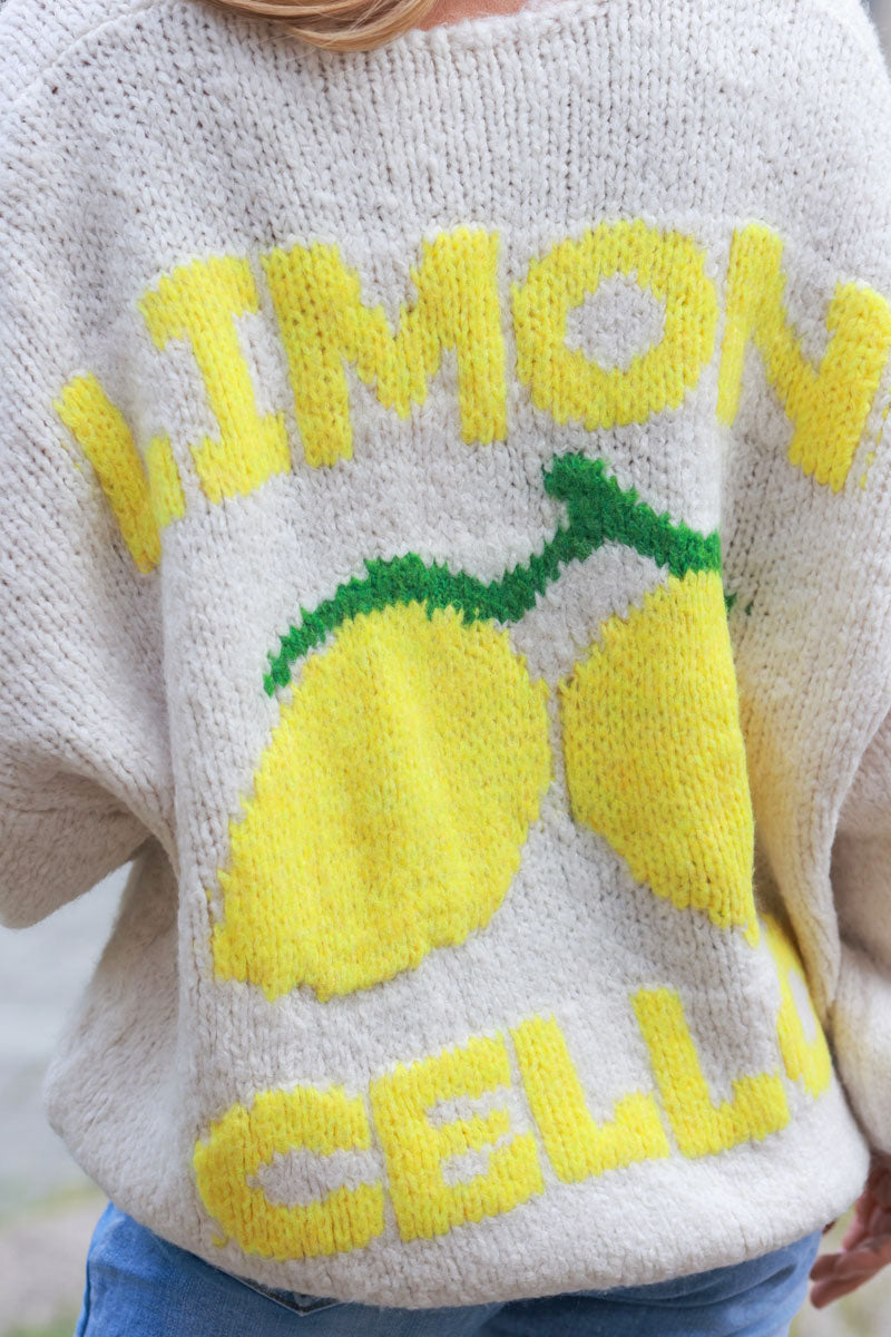 Beige chunky knit cardigan with lemon 'limoncello' back pattern