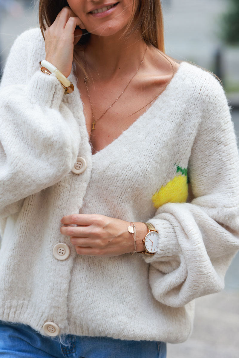 Beige chunky knit cardigan with lemon 'limoncello' back pattern