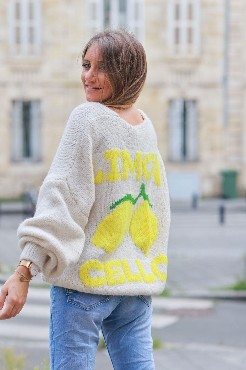 Beige chunky knit cardigan with lemon 'limoncello' back pattern