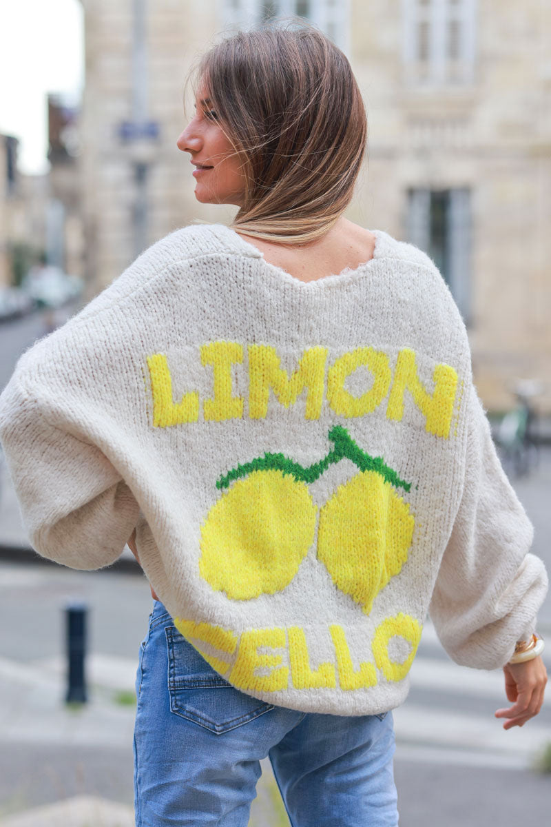 Beige chunky knit cardigan with lemon 'limoncello' back pattern