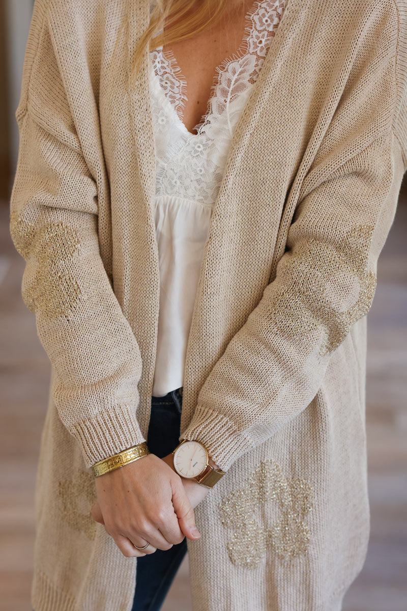 Beige cotton knit cardigan with large gold flowers