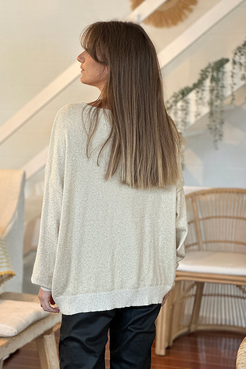 Cream Sparkle Knit Cardigan with Gold Buttons