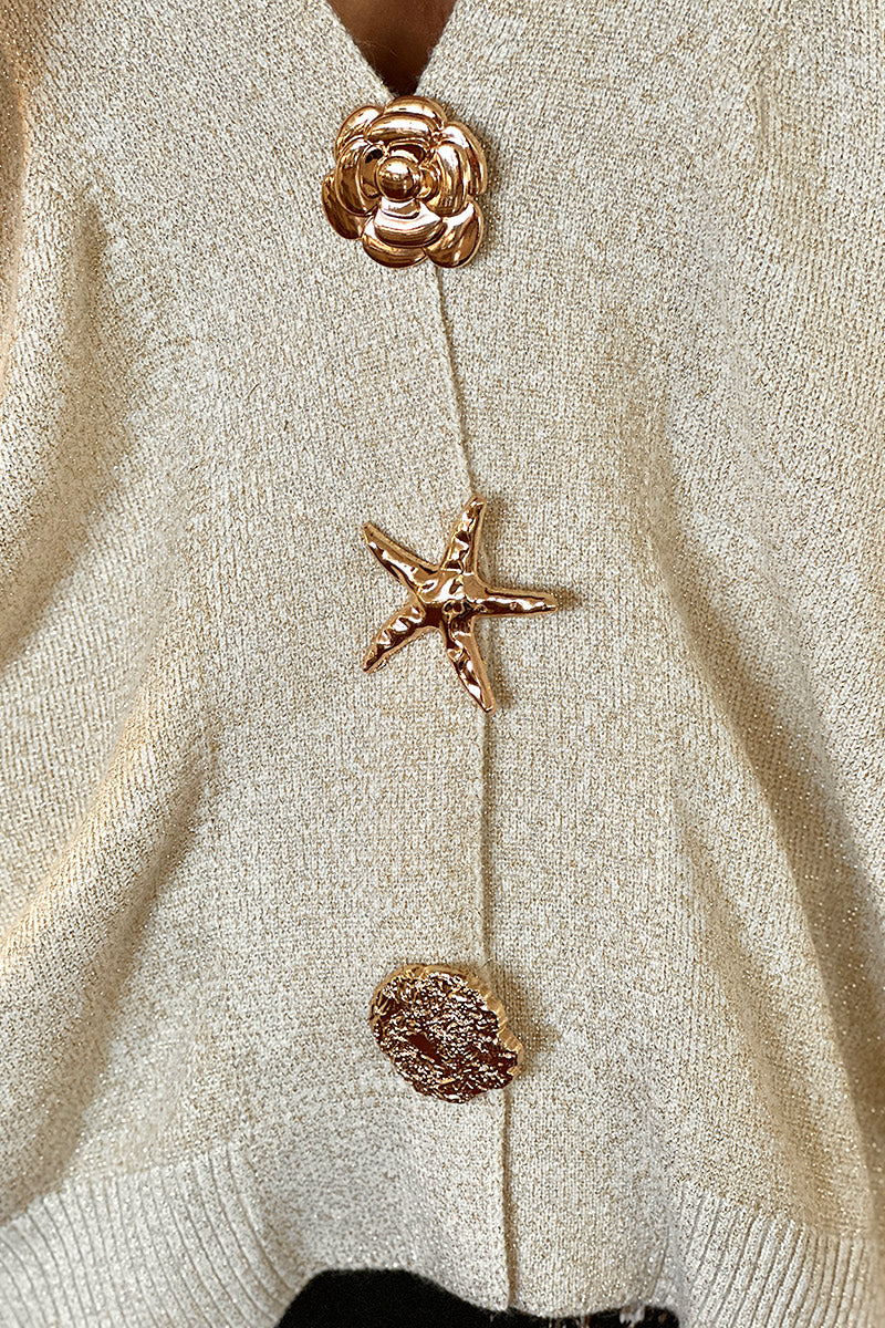 Cream Sparkle Knit Cardigan with Gold Buttons