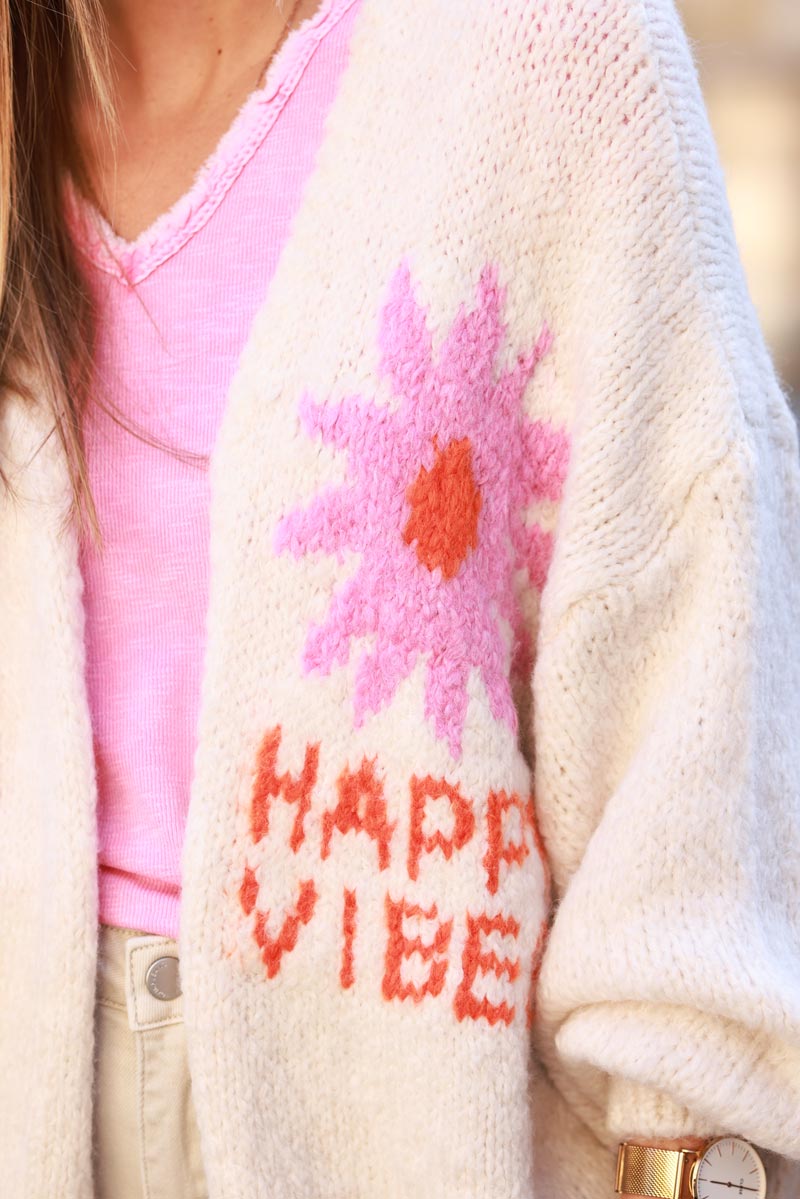 'Happy vibes' cardigan beige, chunky knit, balloon sleeves