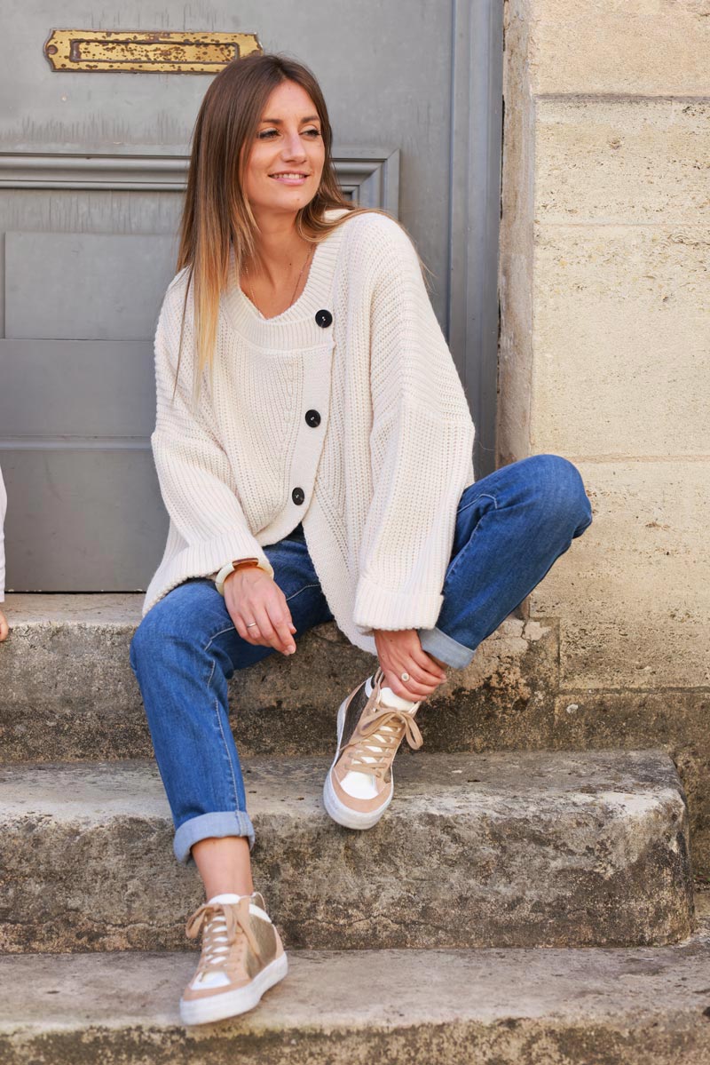 Beige chunky knit cardigan with crossover buttons