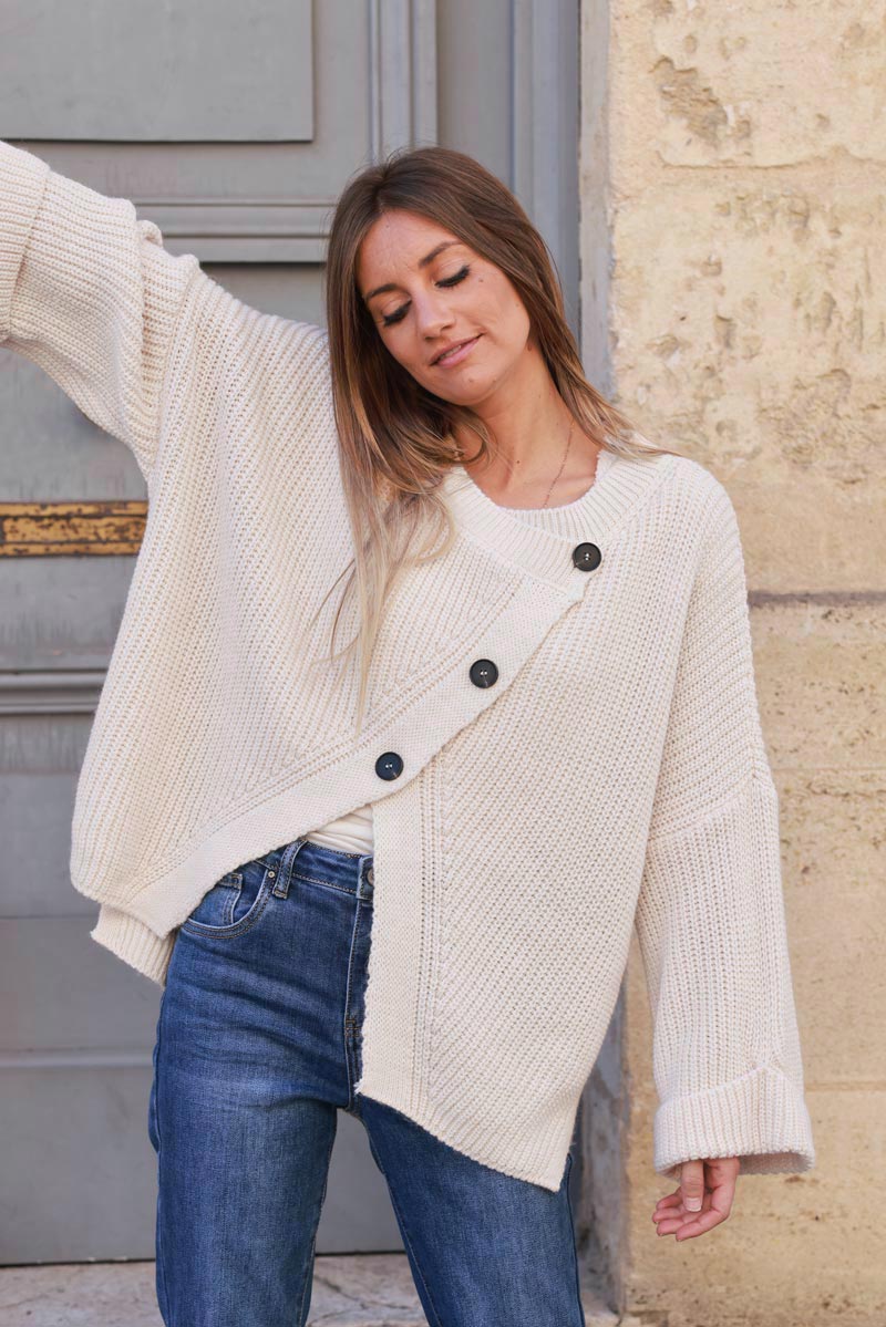 Beige chunky knit cardigan with crossover buttons