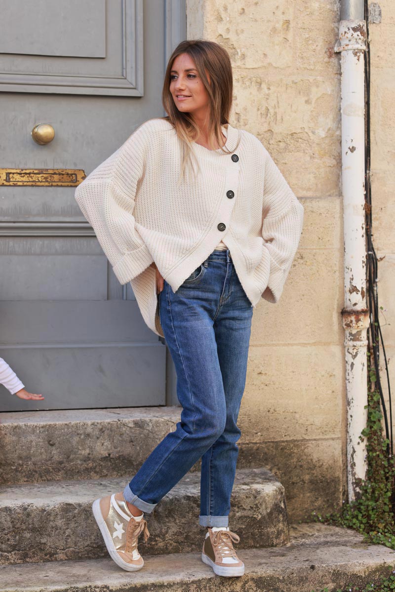 Beige chunky knit cardigan with crossover buttons