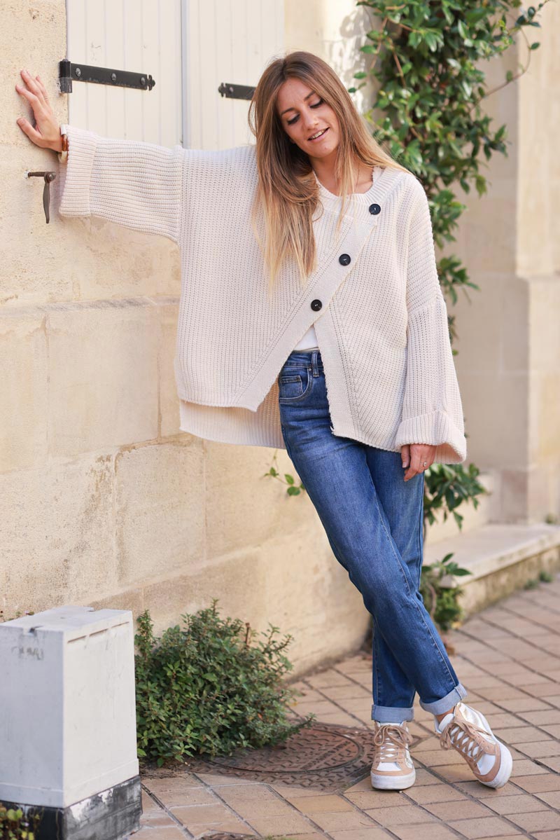 Beige chunky knit cardigan with crossover buttons