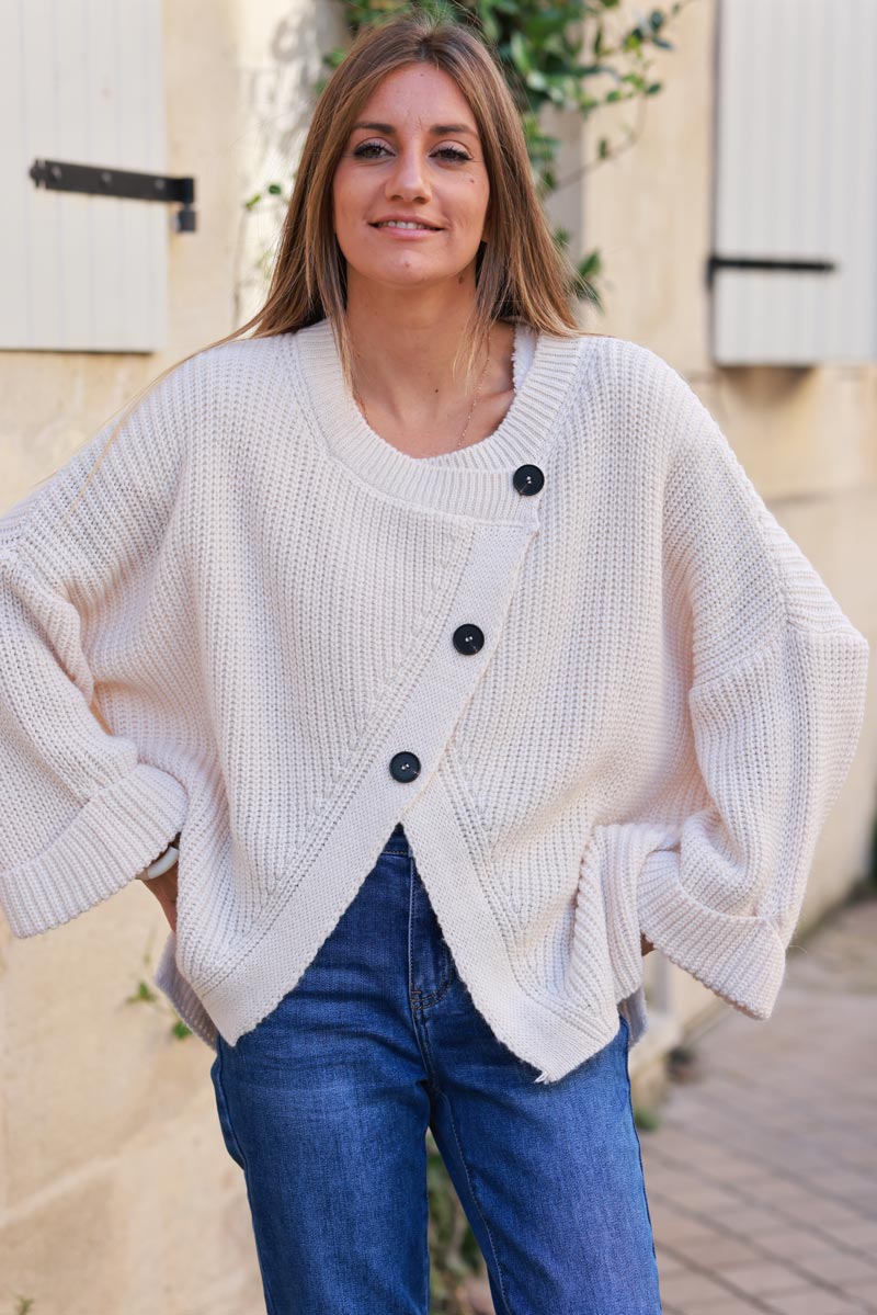 Beige chunky knit cardigan with crossover buttons