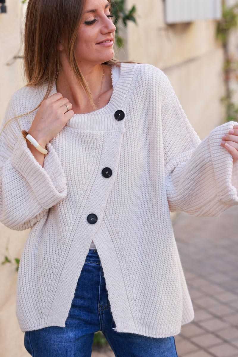 Beige chunky knit cardigan with crossover buttons