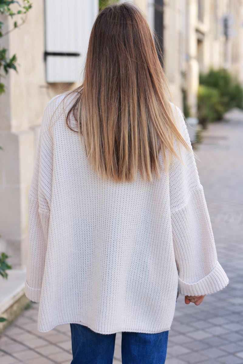 Beige chunky knit cardigan with crossover buttons