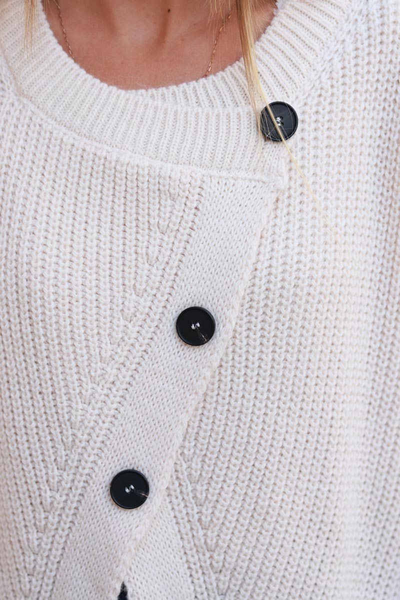 Beige chunky knit cardigan with crossover buttons