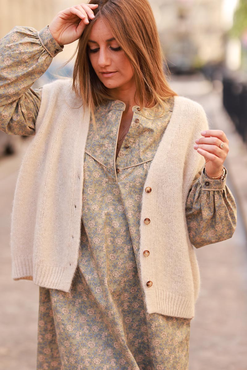 Beige soft knit gilet, tortoiseshell buttons