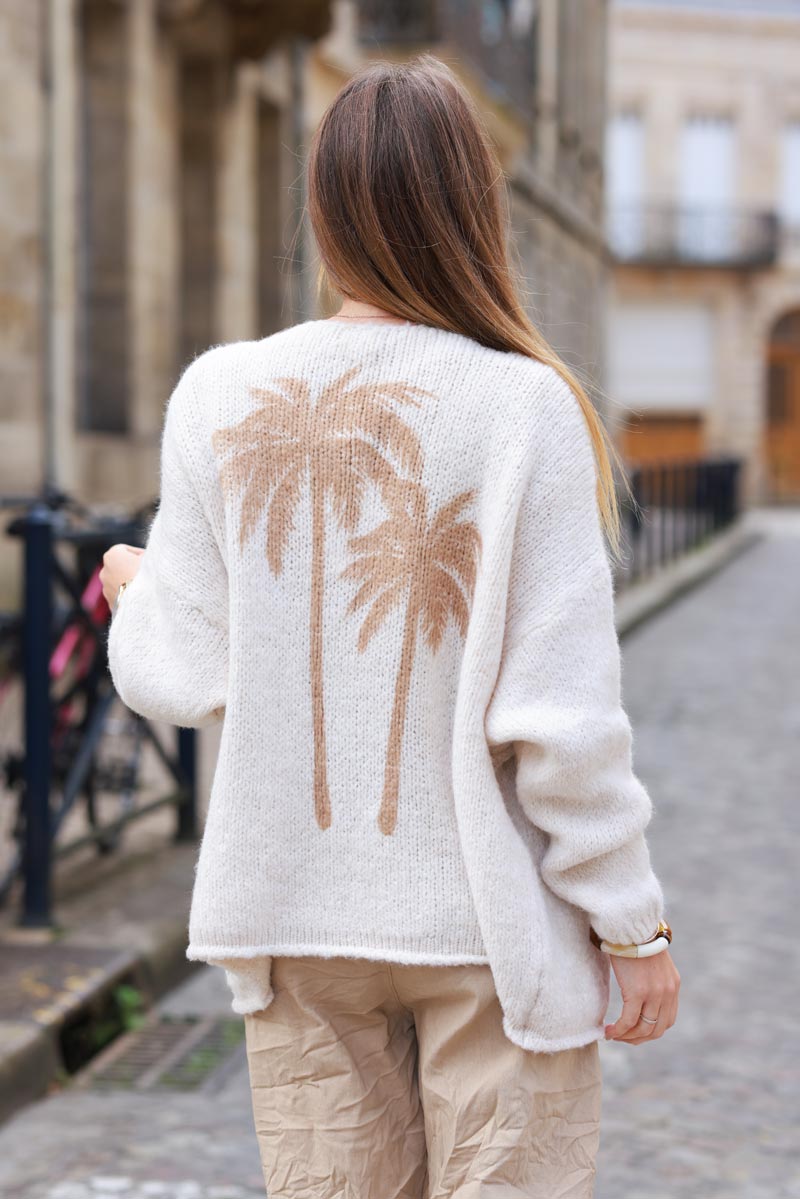 Cream and Beige Palm Tree Knit Cardigan