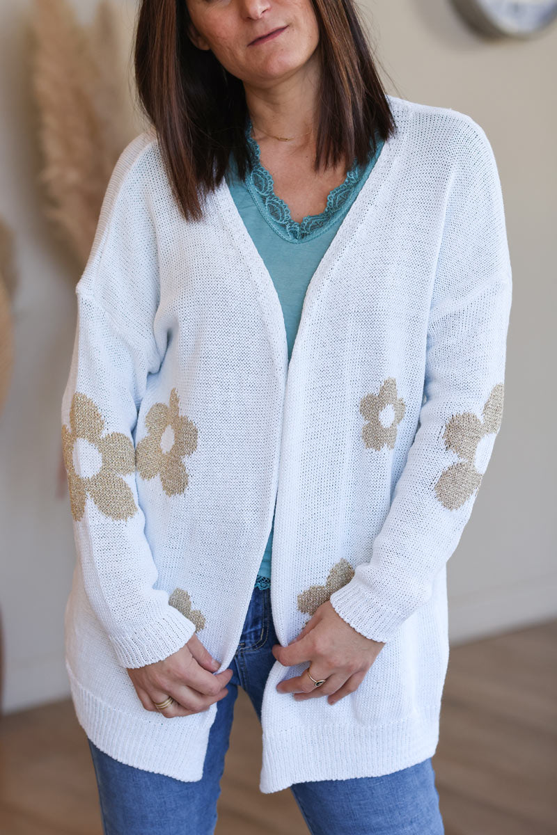 White cotton knit cardigan with large gold flowers