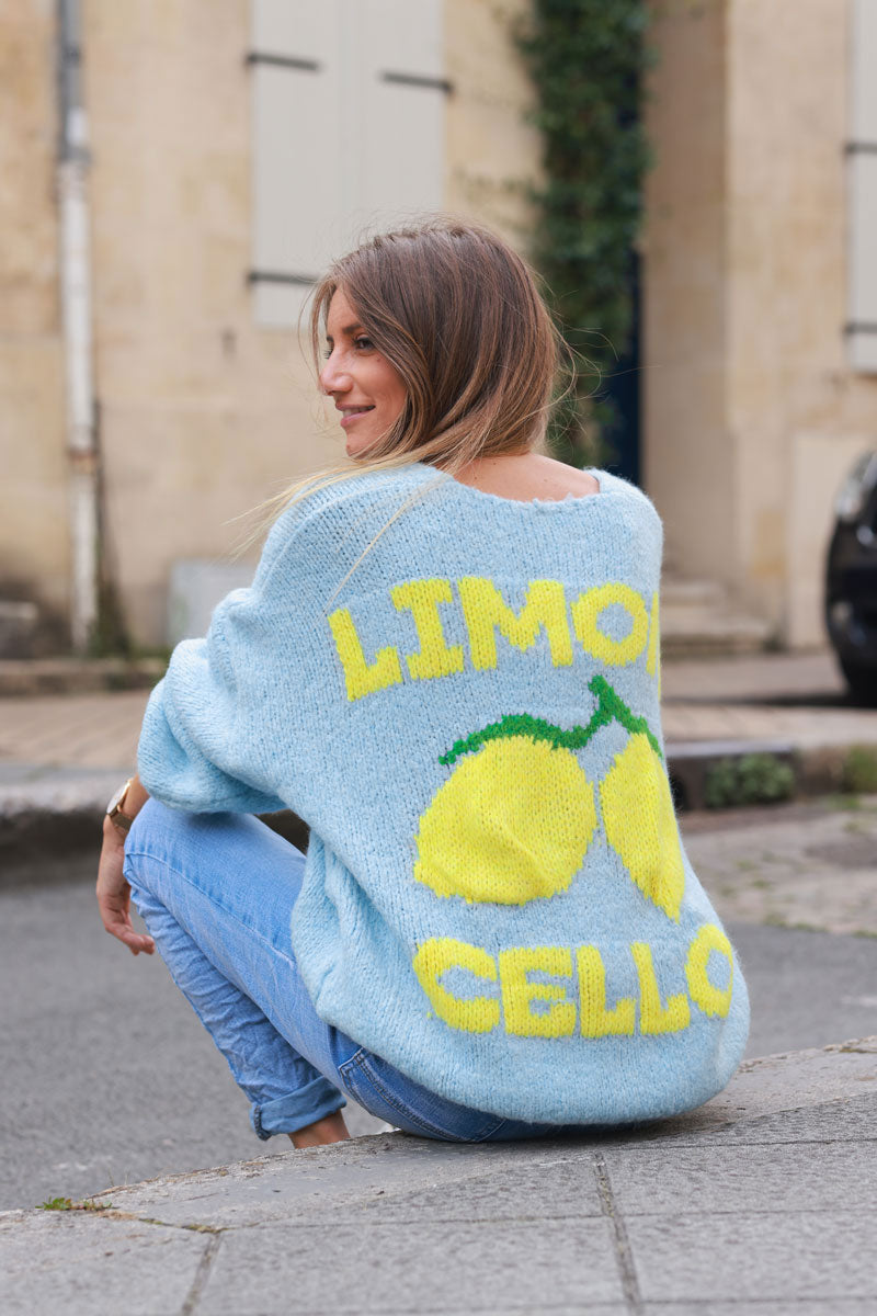 Sky blue chunky knit cardigan with lemon 'limoncello' back pattern