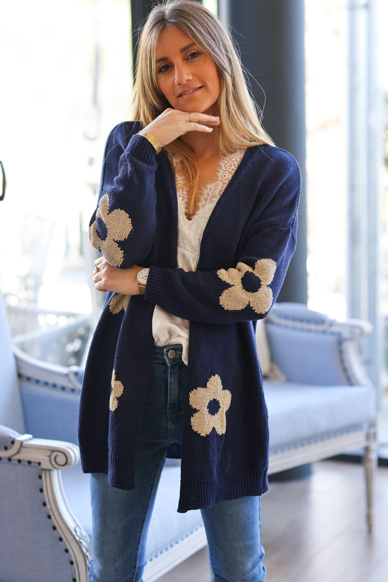 Navy blue cotton knit cardigan with large gold flowers