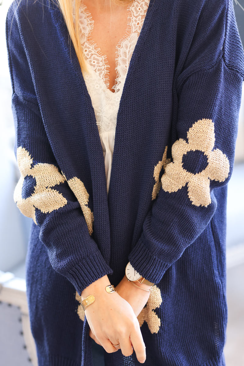 Navy blue cotton knit cardigan with large gold flowers