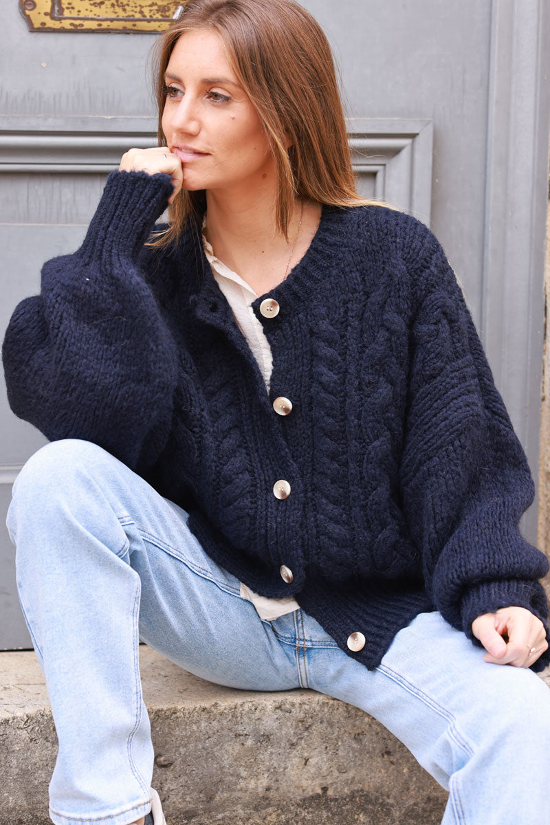 Navy blue Chunky Cable Knit Cardigan