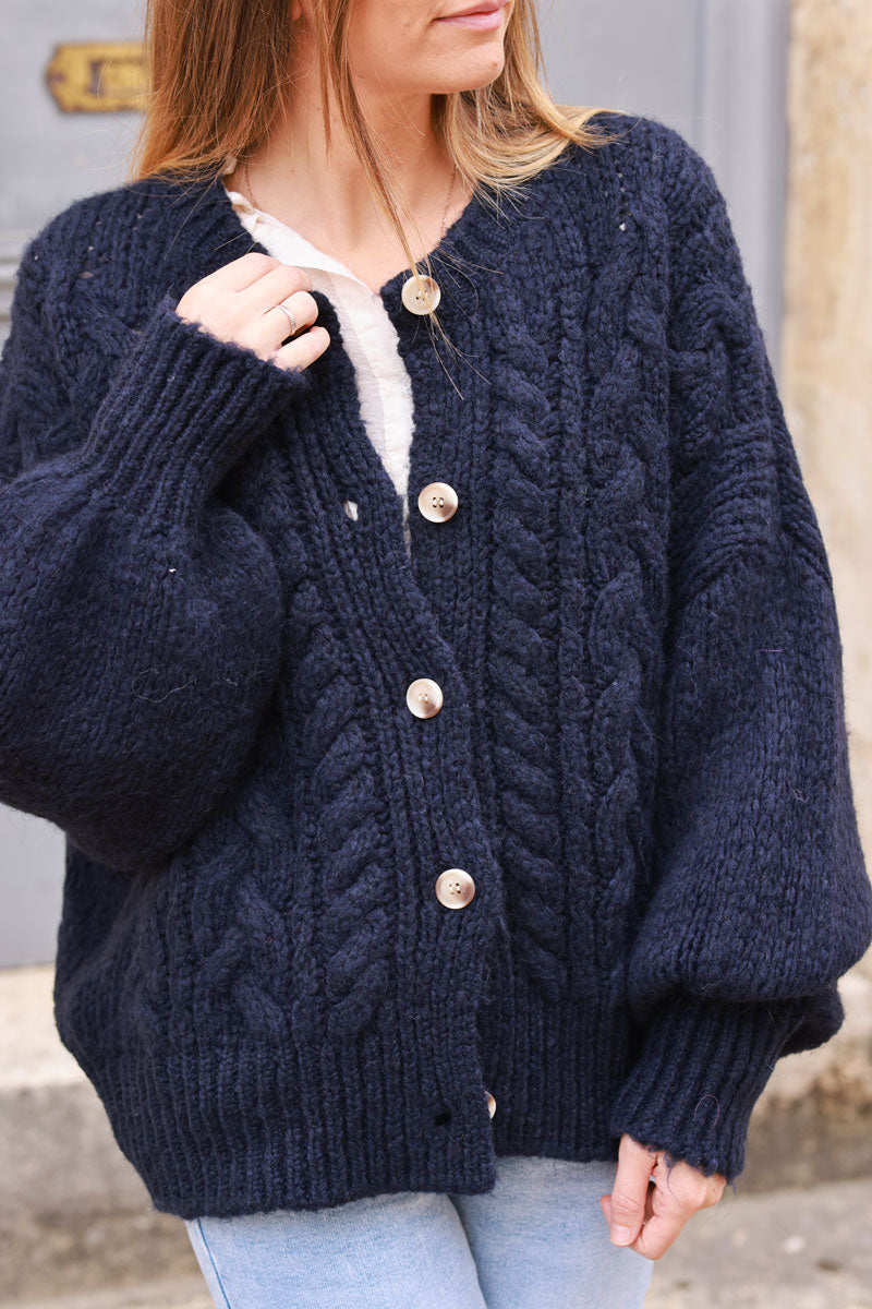 Navy blue Chunky Cable Knit Cardigan Horizons Lointains