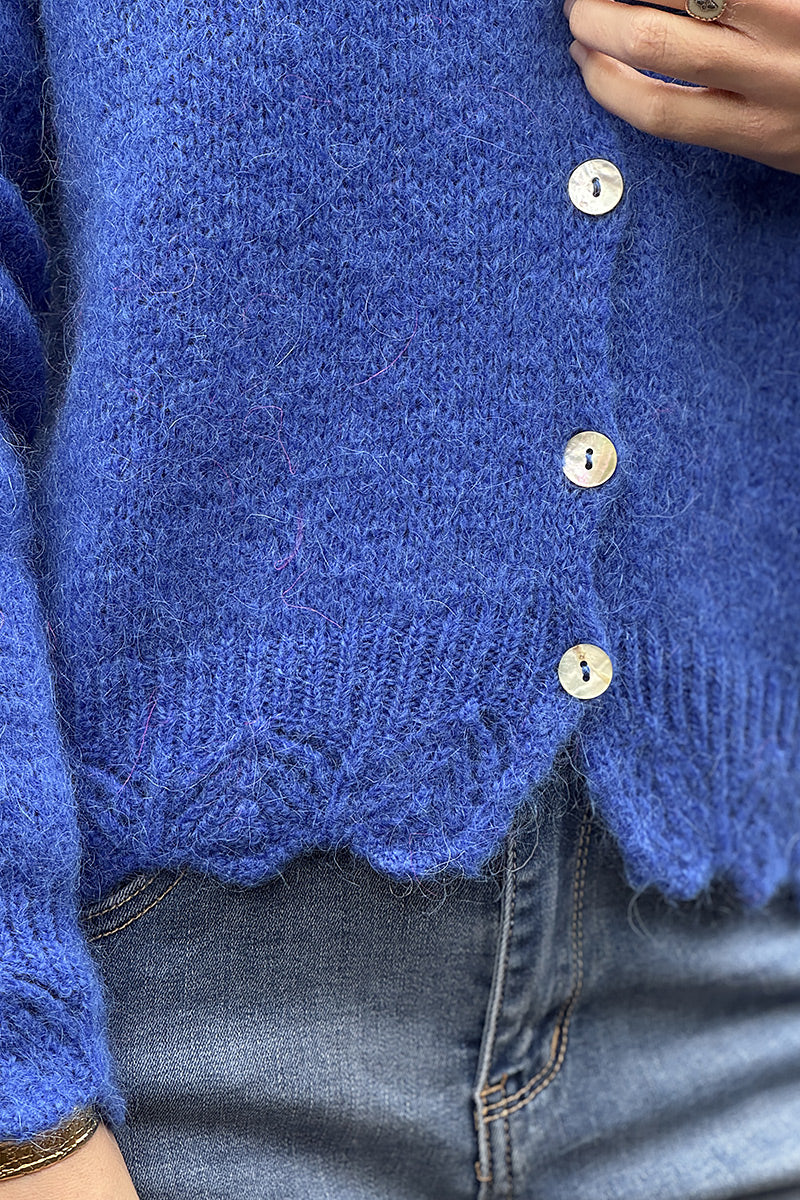 Royal Blue Scalloped Hem Mohair Knit Cardigan