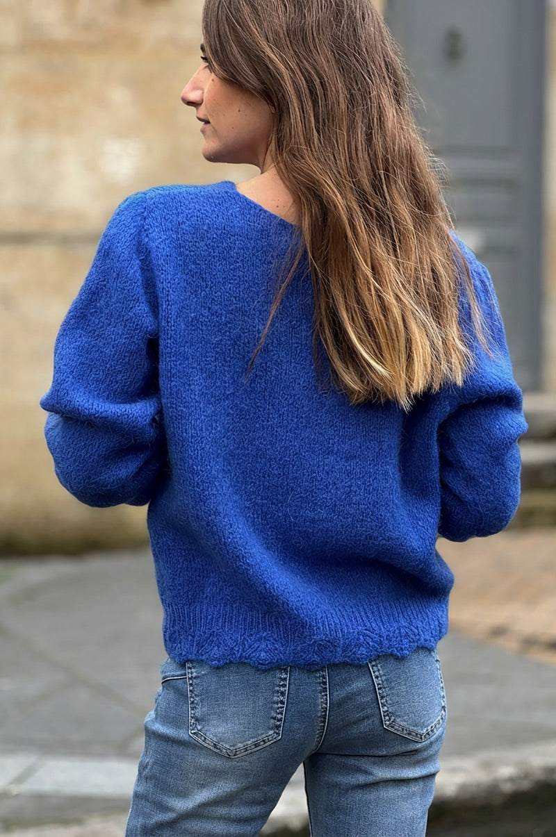 Royal Blue Scalloped Hem Mohair Knit Cardigan