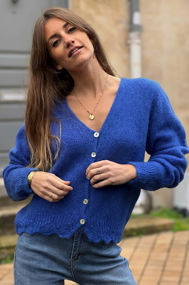 Royal Blue Scalloped Hem Mohair Knit Cardigan