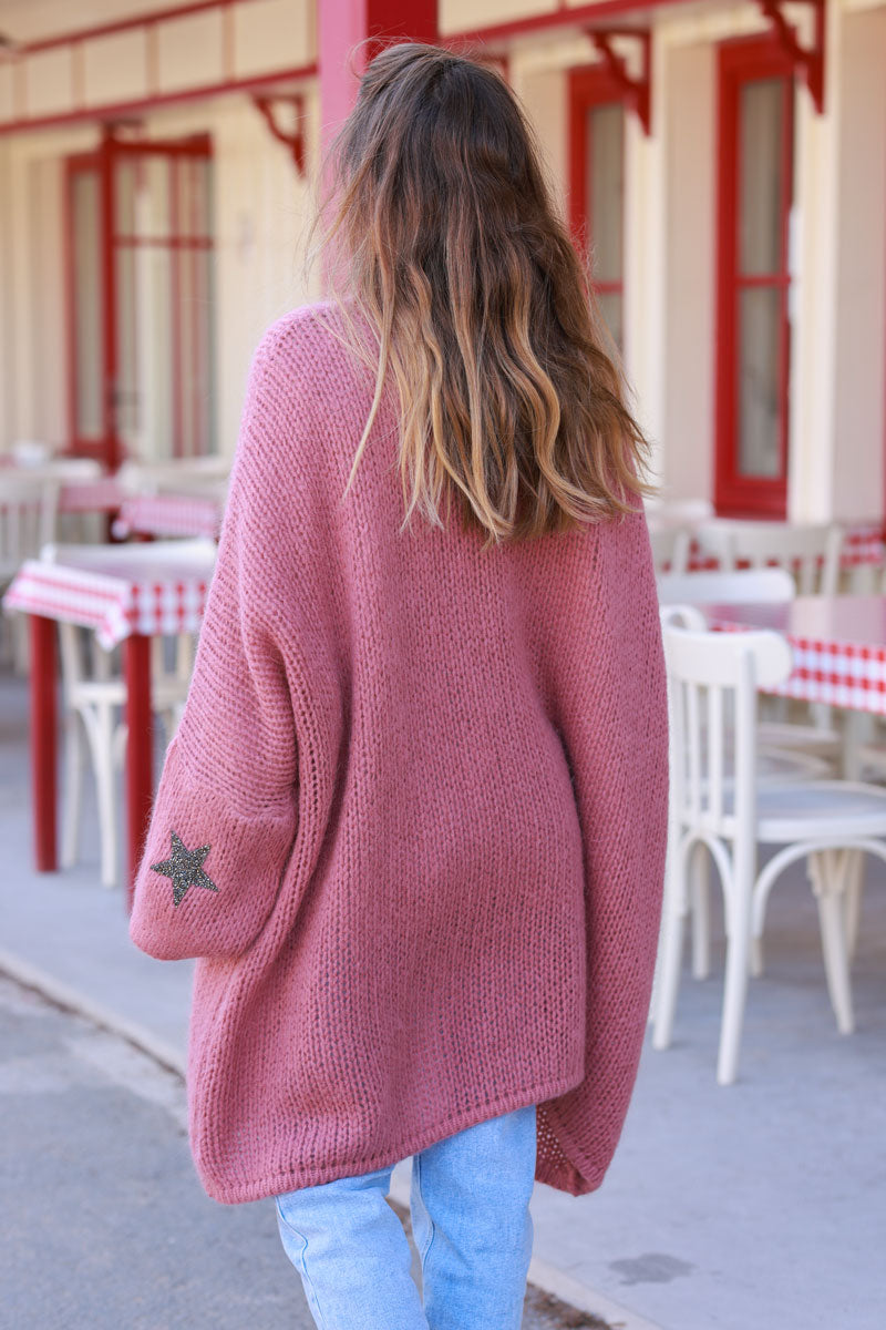 Rosewood medium-long chunky knit cardigan with rhinestone star detail