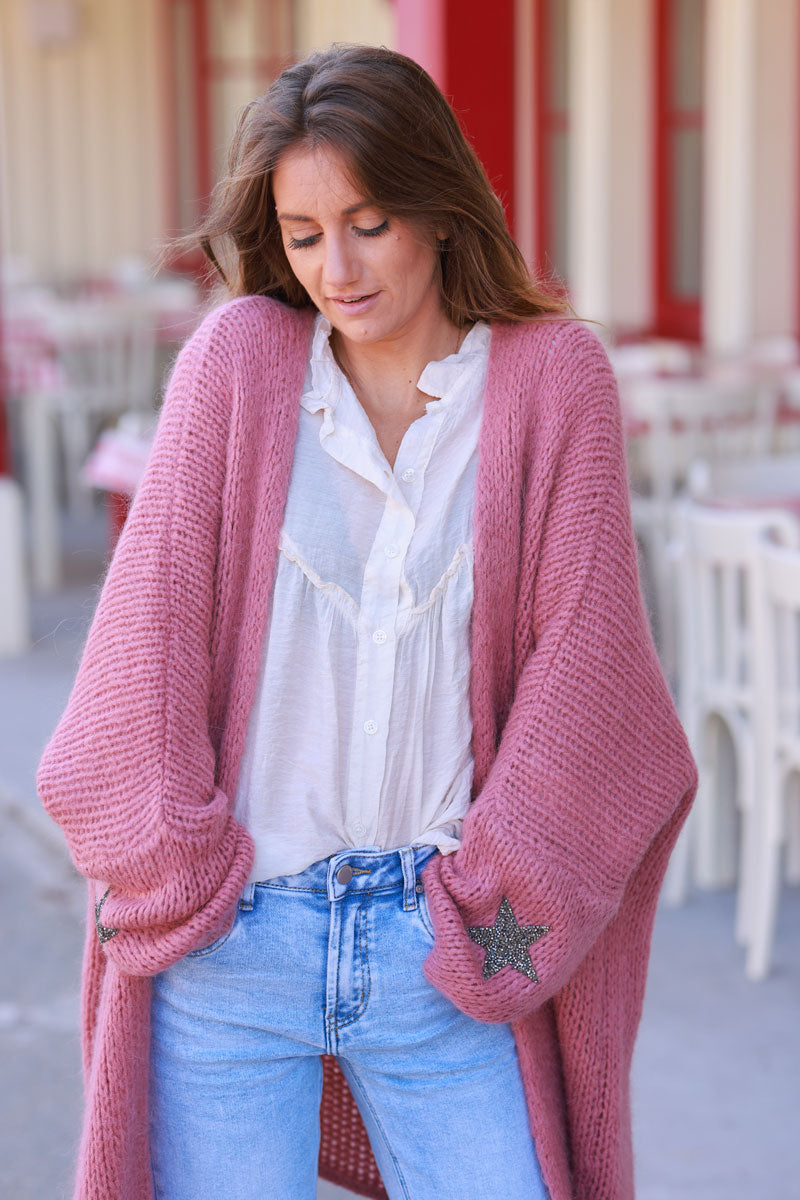 Rosewood medium-long chunky knit cardigan with rhinestone star detail