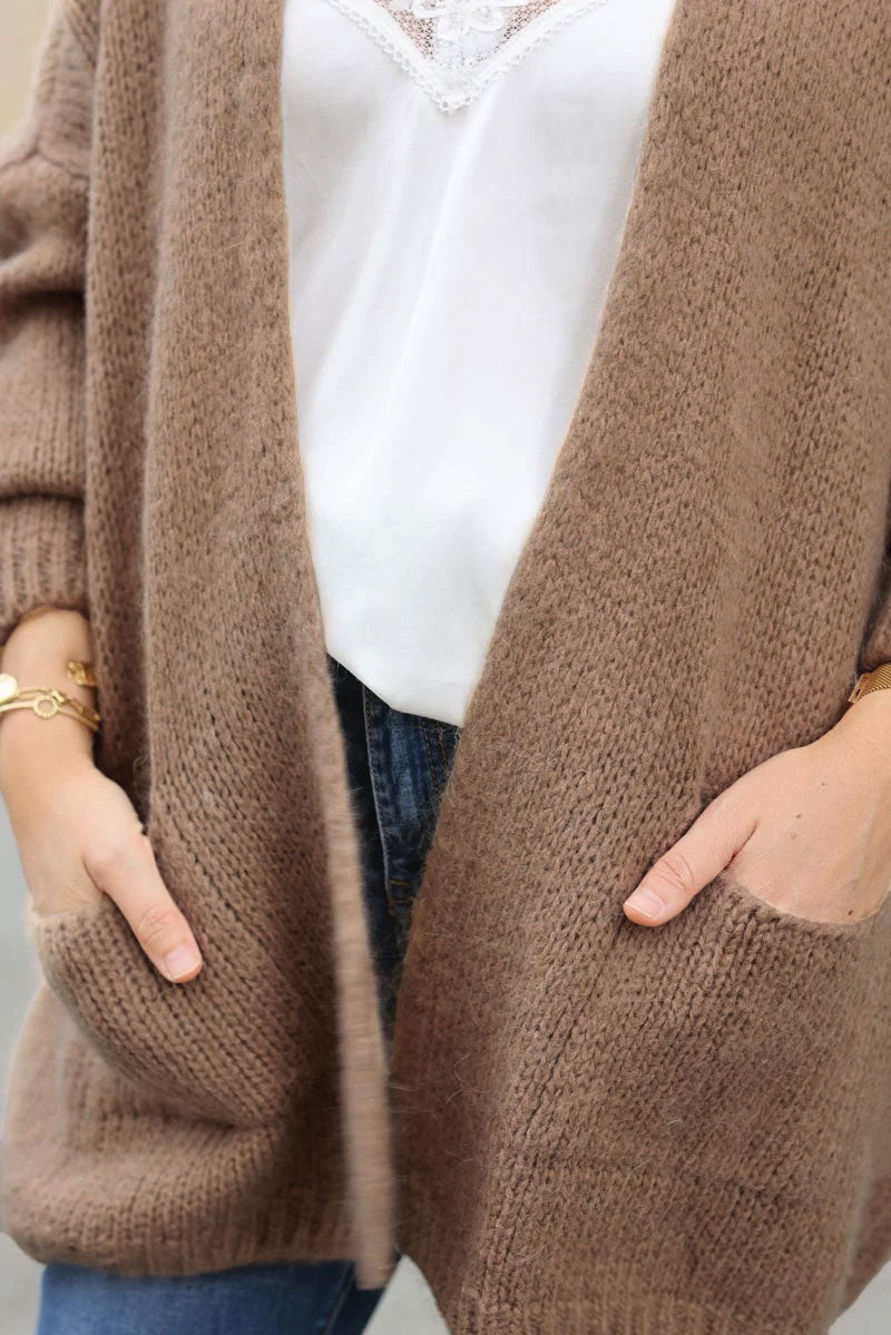 Camel cardigan with wrap around collar